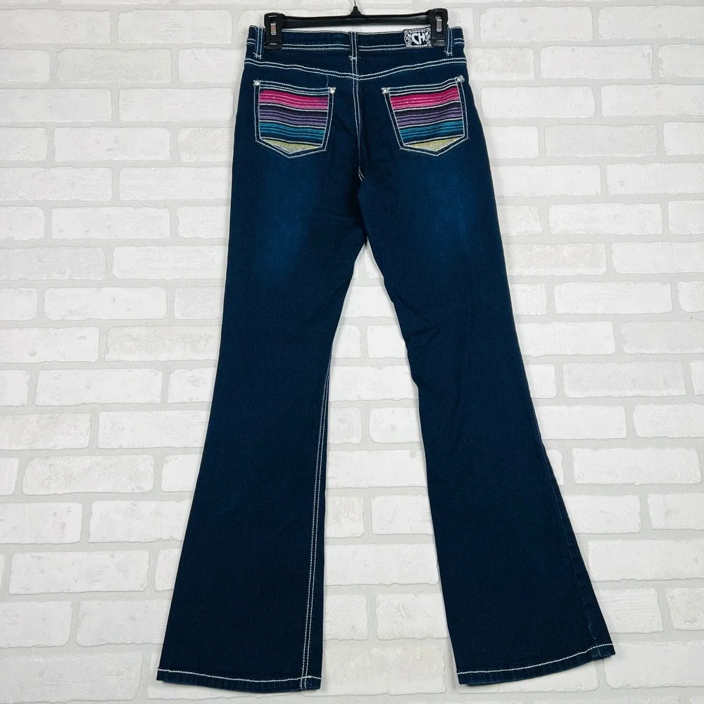 Dark Wash Girls' Flared Jeans with Pink Accent Stretch Denim